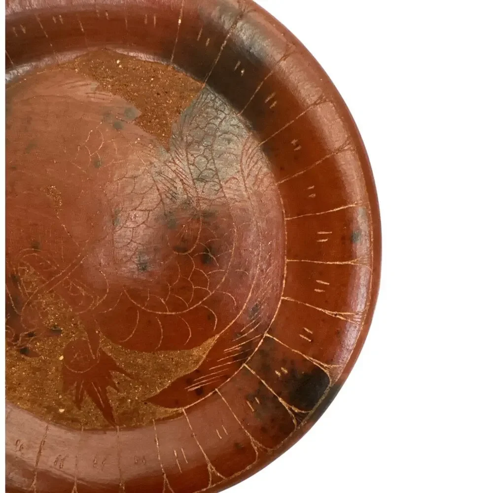 Vintage Indonesian Red Ware Etched Dragon Dish 7.5”